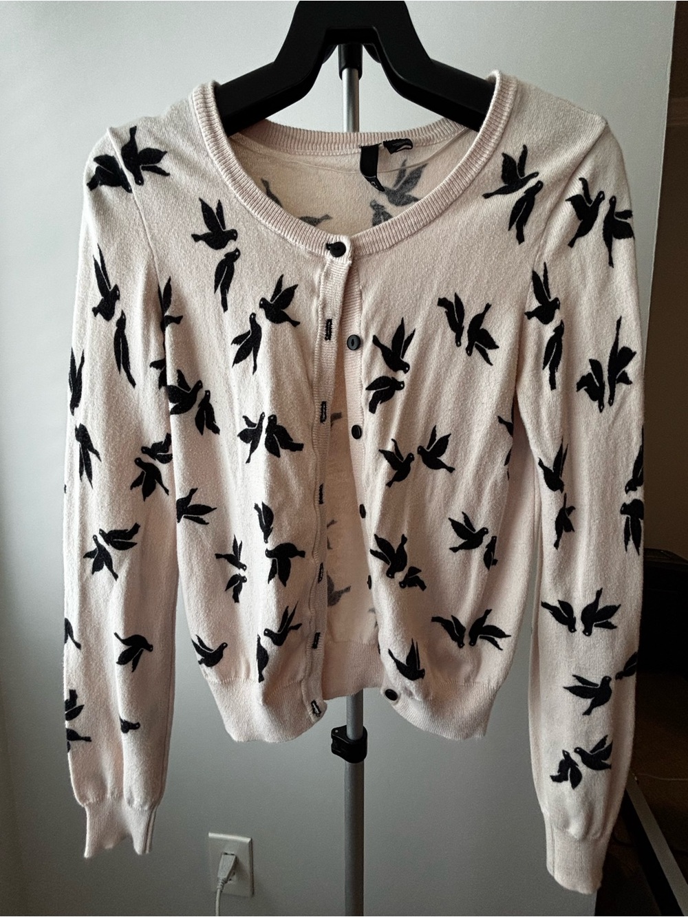 H&M Women’s Light Pink Cardigan Sweater with Black Bird Print